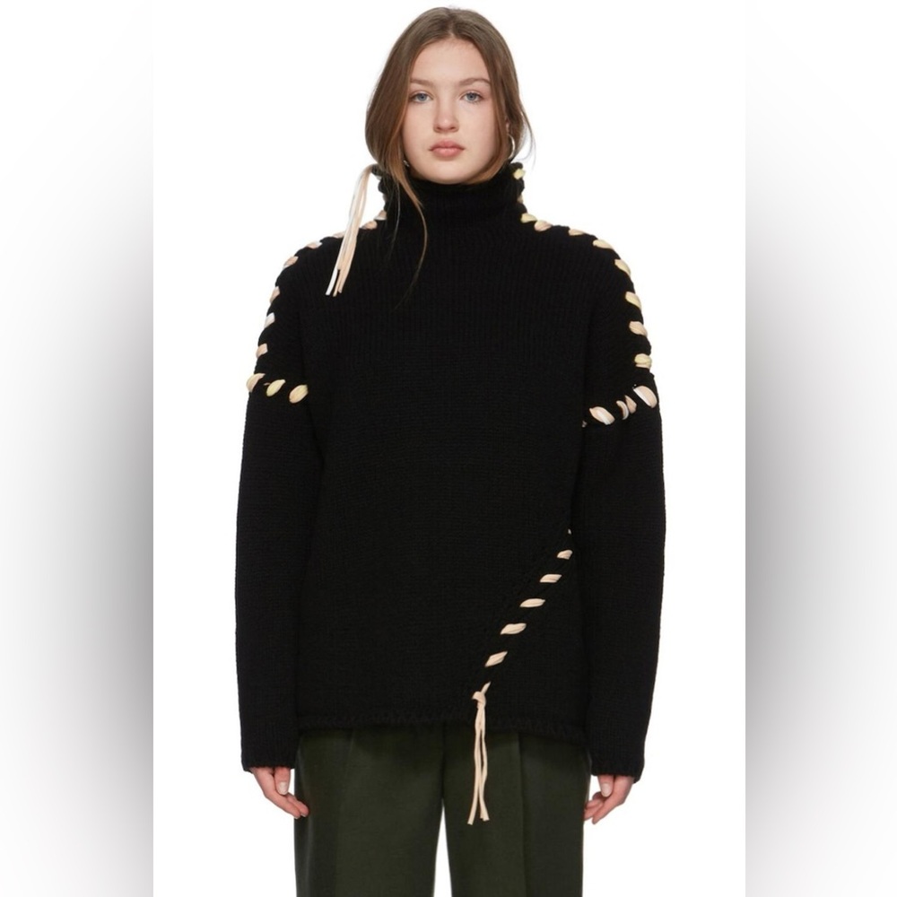 Acne Black Turtleneck Sweater with Cream Lace Detail